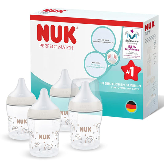 NUK Perfect Match Babyflaschen-Set für Neugeborene | 0+ Monate | 150 ml | Anti-Kolik-Babyflaschen | PP | Temperature Control Anzeige | Regenbogen | 4 Stück