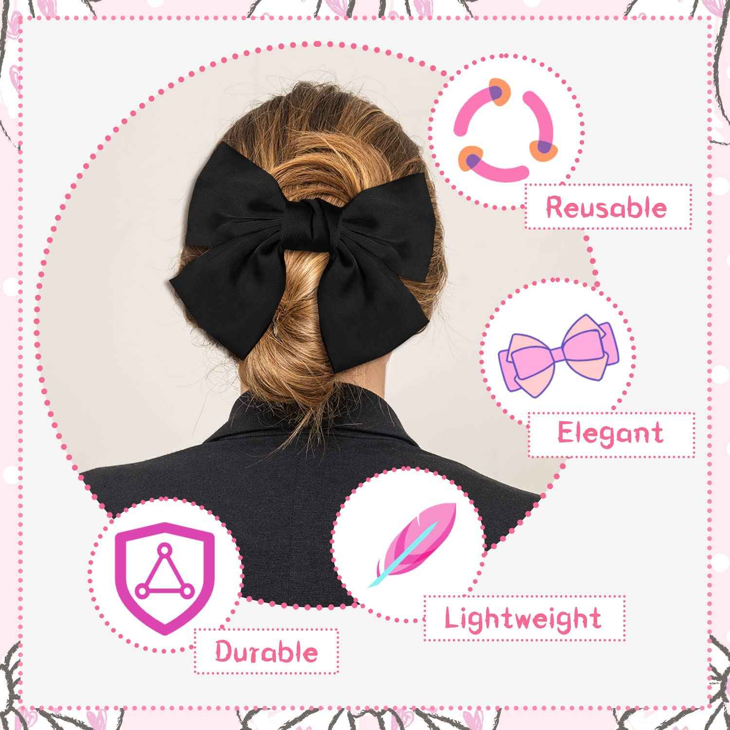 Bow Hair Clip, Pack of 2 Women Hair Bows Large Bow Hair Clip French Hair Clips Girls Hair Clips (Black + White)