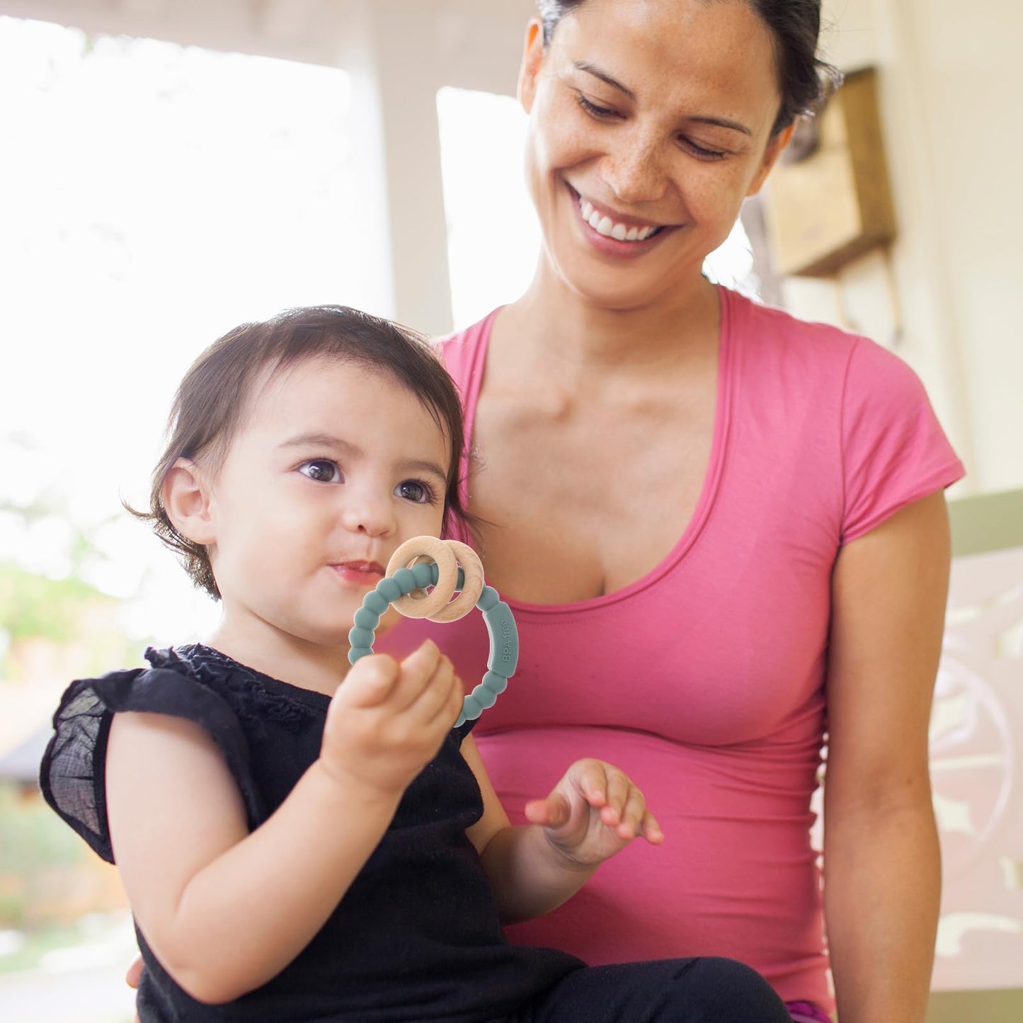 meanus Beißringe für Babys, Beißring Spielzeug aus Silikon und Buche, BPA-frei (Ether)