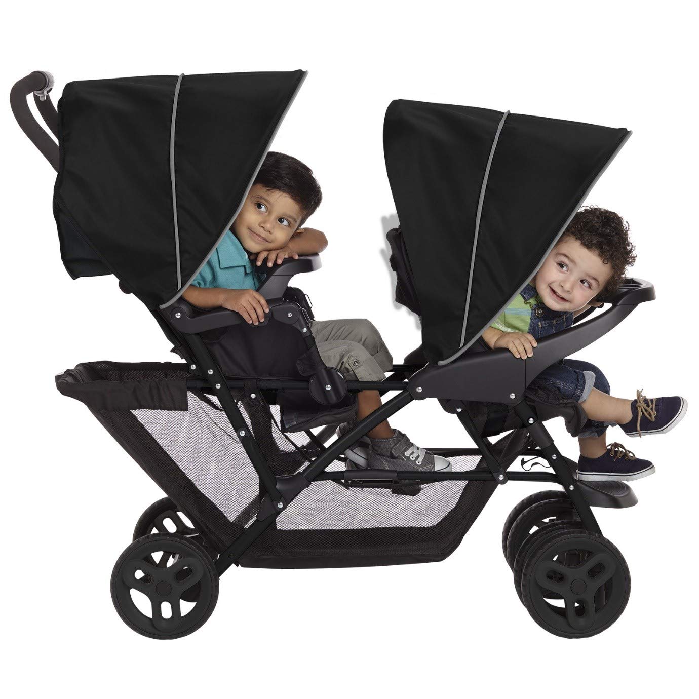 Graco Stadium Duo Geschwisterwagen, Zwillingswagen, 0-15 kg, auch mit Babyschale nutzbar, verstellbare Rückenlehnen, zusammenklappbar, freistehend, großer Staukorb, inkl. Snacktabletts, Titanium