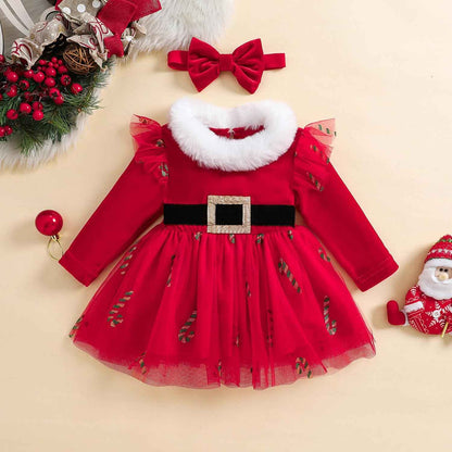 Geagodelia Girls Christmas Dress Long Sleeve Elegant Red Winter Dresses and Headband Set for Newborn Christmas