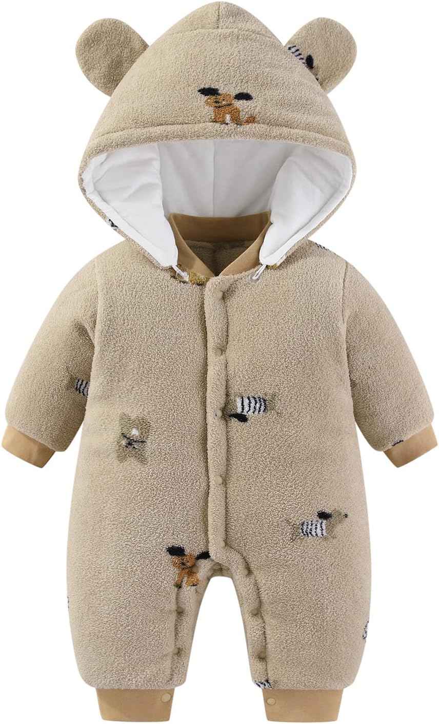 WYTbaby Baby Winter Snowsuit Newborn Winter Romper with Hood Fleece Winter Suit Children Girls Boys Long Sleeve Jumpsuit for 0-12 Months