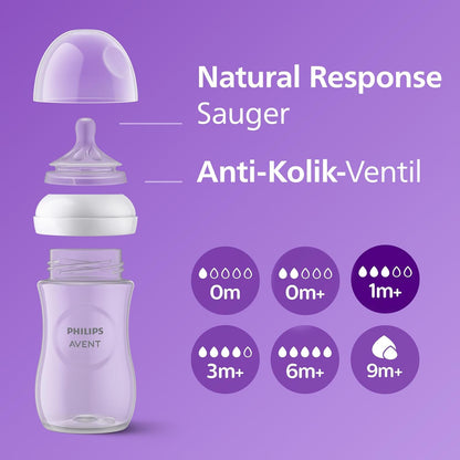 Philips Avent Natural Response Geschenkset für Babys: 4 Natural Response Babyfläschchen (260 ml) mit T3 Saugern (ab 1 Monat), SCY903/61