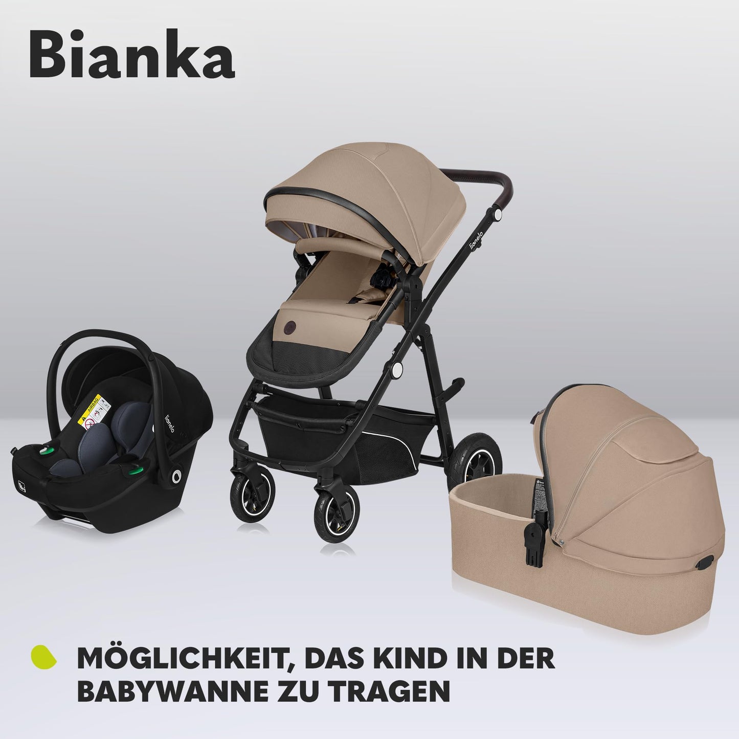 LIONELO BIANKA Children's Pushchair 3-in-1 (22 kg) Baby Carrycot (9 kg) Baby Seat (13 kg), Foldable, Travel System, Backrest Adjustment, Wheels 360o Shock Absorber, Hood XXL