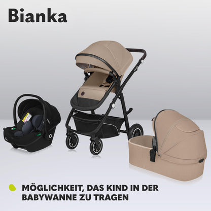 LIONELO BIANKA Children's Pushchair 3-in-1 (22 kg) Baby Carrycot (9 kg) Baby Seat (13 kg), Foldable, Travel System, Backrest Adjustment, Wheels 360o Shock Absorber, Hood XXL