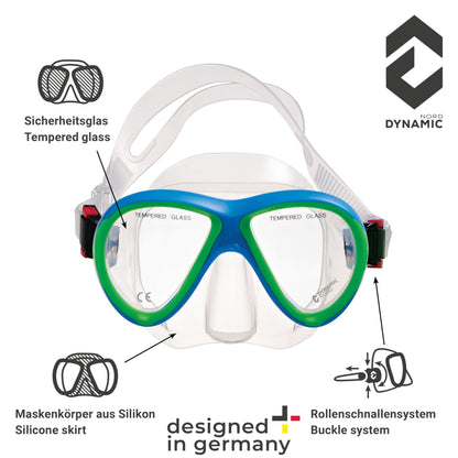 DYNAMICNORD - Kinder Schnorchelset – Designed in Germany – Profi Silikon 2er Set Tauchset Schnorchelset für Kinder (Taucherbrille, Trocken Schnorchel & Netztasche) mit Dry Schnorchel & Sicherheitsglas