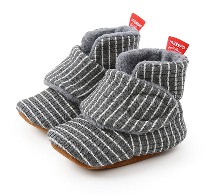 Sehfupoye Toddler Baby Boys Girls Cotton Booties Shoes Striped Soft Sole Newborn First Hiking Shoes Warm Fleece Boots 0-18M