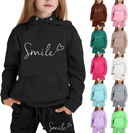 Mädchen 2-teiliges Outfit Herbst Hoodie Lächeln Sweatsuit Sets Kinder 2025 mit Kapuze Ausgehen Sweatanzüge Sweatshirt mit Taschen Grafik Langarm Brief Kordelzug Sweatsuits Sets
