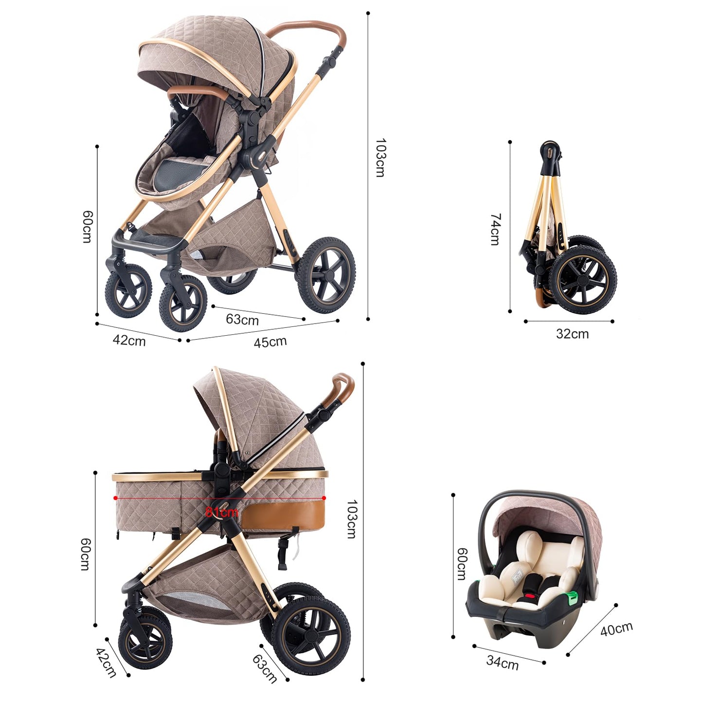 BEBBY 3-in-1 Kinderwagen KombiKinderwagen-Set 2-in-1 Buggy faltbar Luxus Hochlandschaft Neugeborenes Tragbarer Kinderwagen Zusammenklappbarer Kinderwagen Kinderwagen Travel System (D2-DEEPGREY)