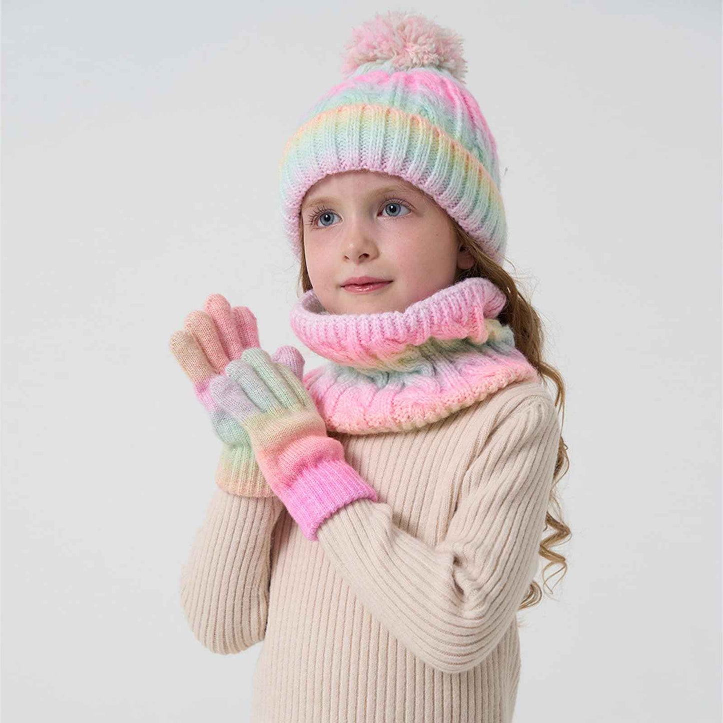 Children's Hat Scarf Gloves Set - 3-in-1 Winter Knitted Hat Scarf and Gloves Set for Children with Pom Pom Beanie, Neck Warmer & Mittens for Boys Girls Age 3-10 Years