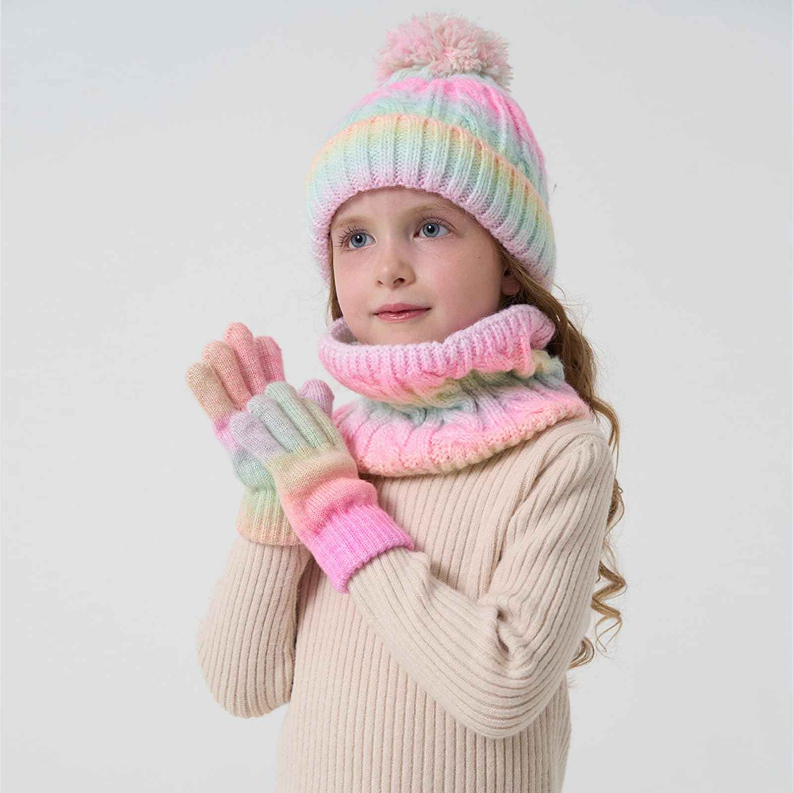 Children's Hat Scarf Gloves Set - 3-in-1 Winter Knitted Hat Scarf and Gloves Set for Children with Pom Pom Beanie, Neck Warmer & Mittens for Boys Girls Age 3-10 Years