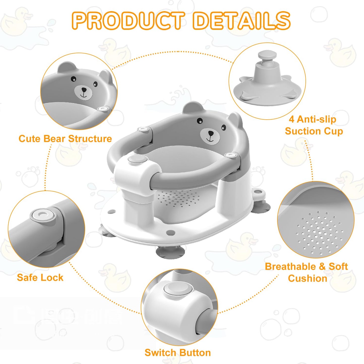 Baby Bath Seat from 6 Months, Bear Non-Slip Bath Seat Baby with 4 Suction Cups and Cushions for Toddlers and Newborns, Safe Portable Bath Chair for Shower or Bathtub, Pink