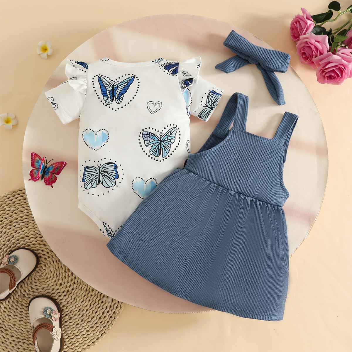 Neugeborenes Baby Mädchen Röcke Sets Kurzarm Rüschen Top + Bedrucktes Overalls Hosenträger Kleid + Stirnband Sommer Kleidung Outfits Set