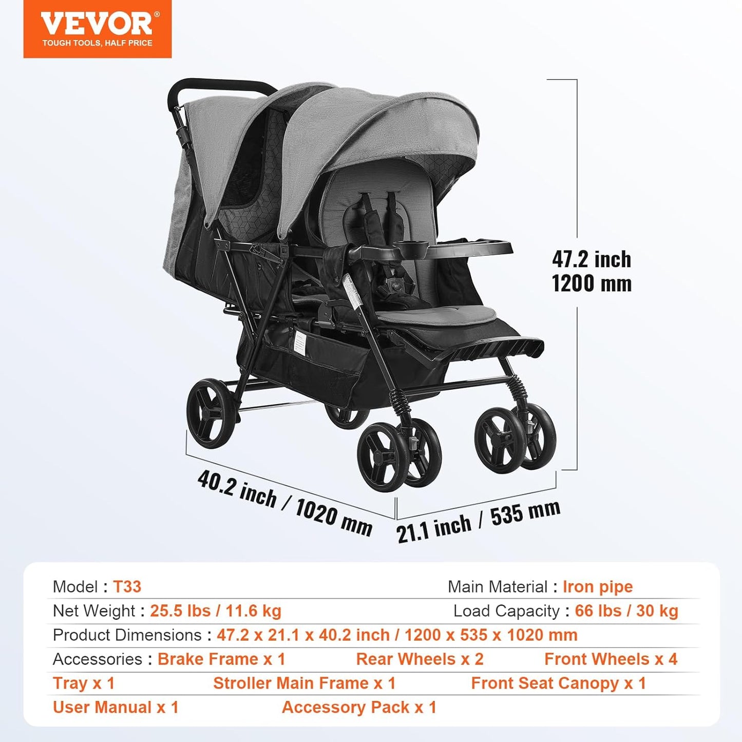 VEVOR Sibling Stroller, Foldable Twin Pushchair with Tandem Seat, Adjustable Backrest/Footrest, Seat Belt, Storage Basket and Tray, for Newborn and Toddlers (Dark Grey)
