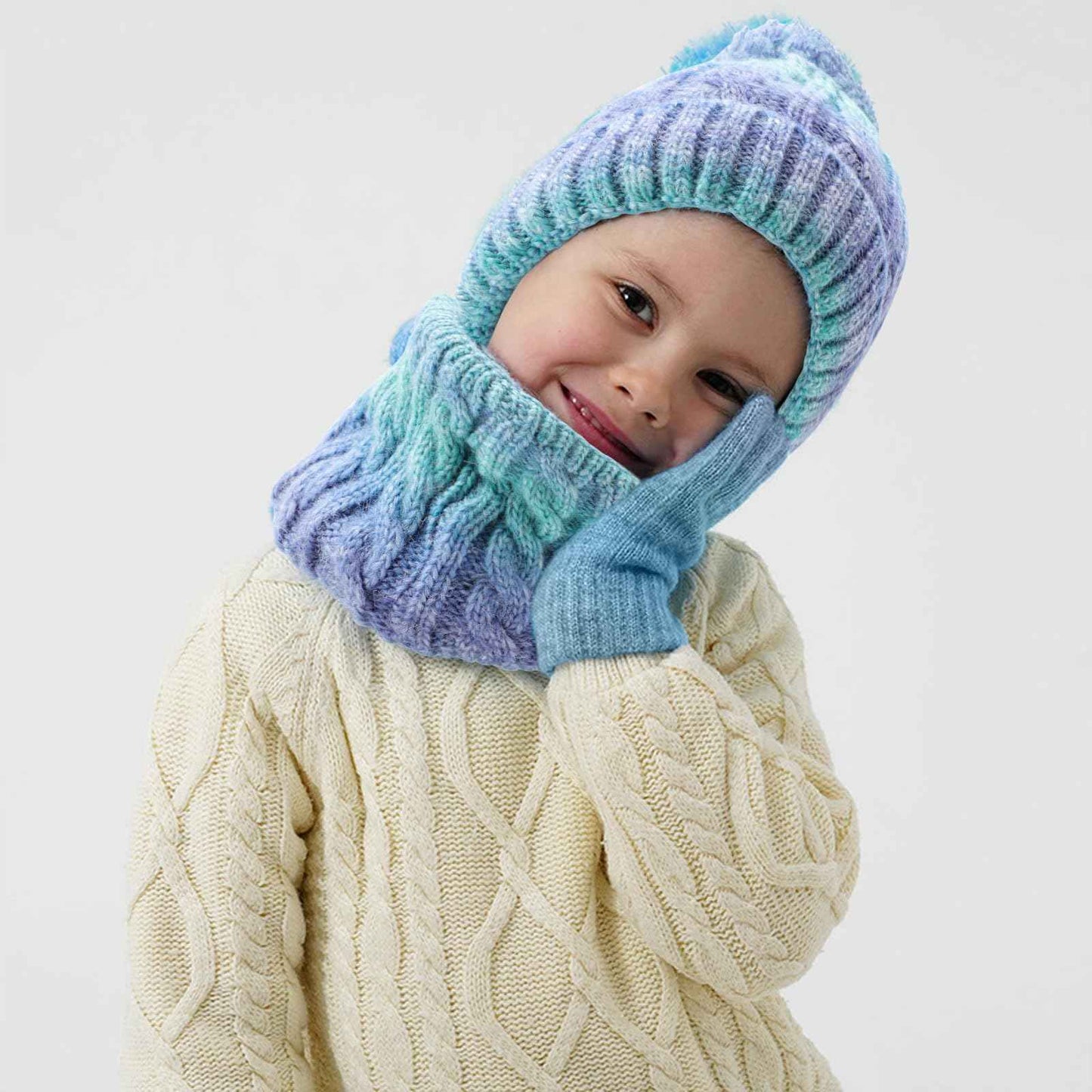 Children's Hat Scarf Gloves Set - 3-in-1 Winter Knitted Hat Scarf and Gloves Set for Children with Pom Pom Beanie, Neck Warmer & Mittens for Boys Girls Age 3-10 Years