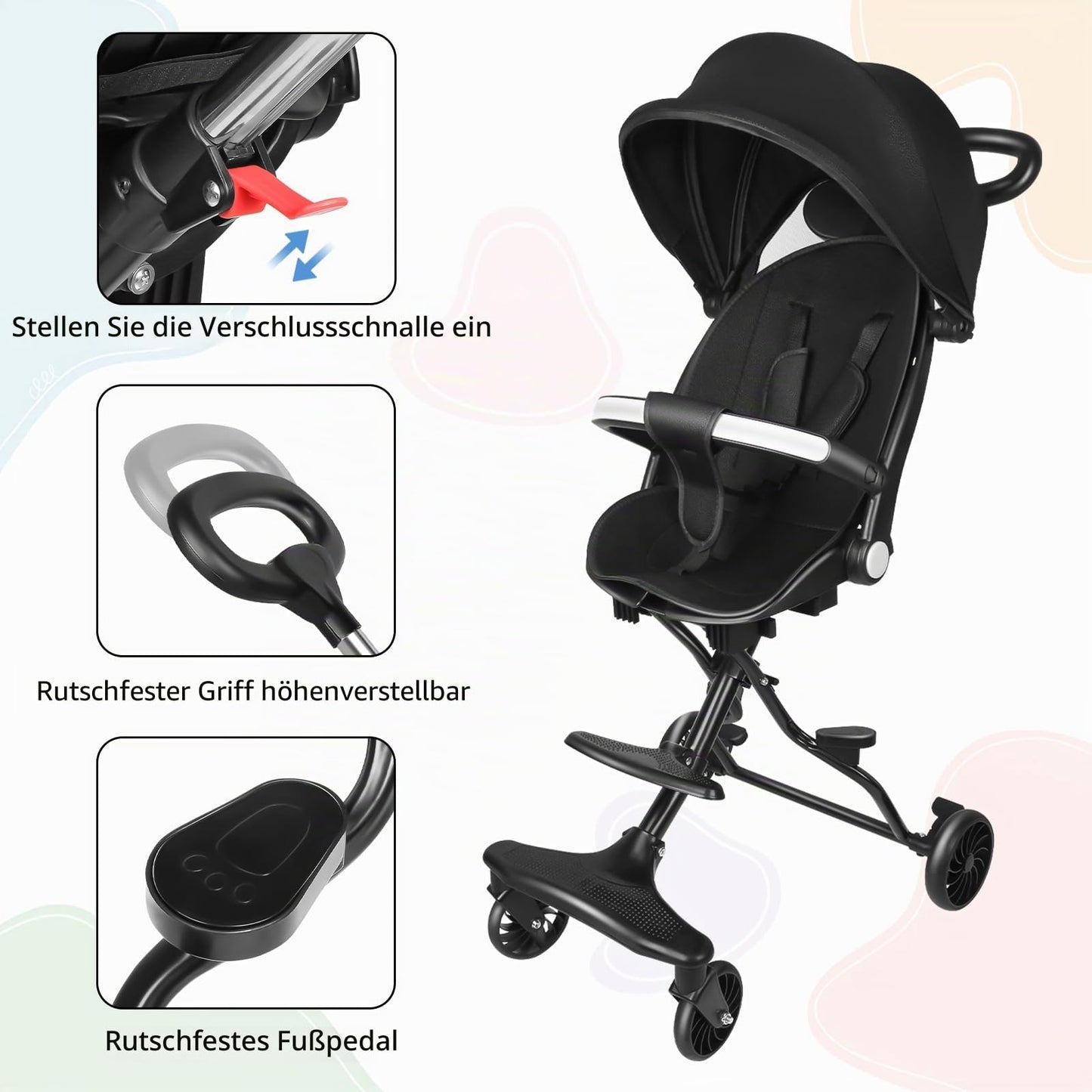 Buggy für Babys, ultraleicht, kompakt, faltbar und neigbar, von Geburt bis 25 kg, mit Trolley-System, Regenschutz inklusive, ausziehbarer Haube, C-schwarz