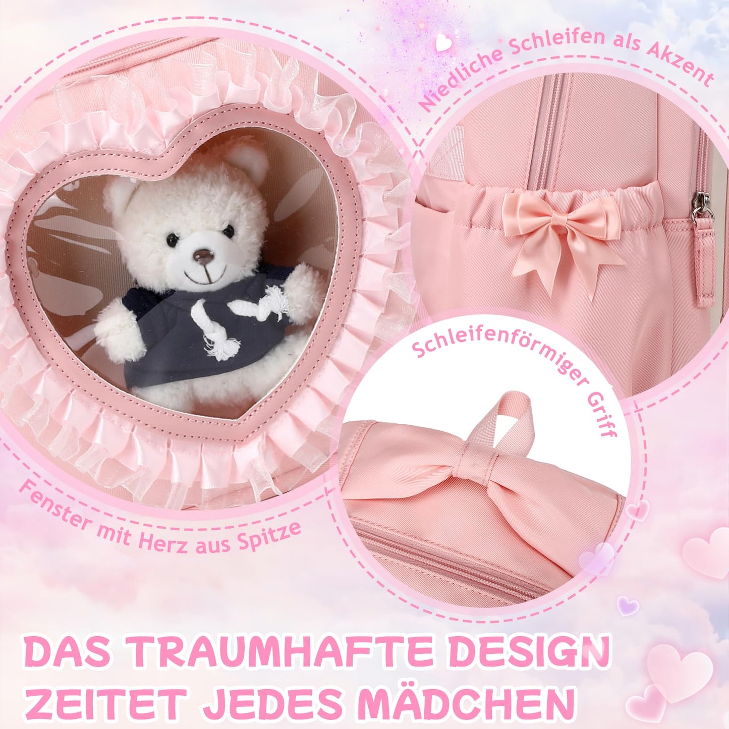 Schulrucksack Mädchen Herzdesign 22L mit Gepäckgurt für Schule | Spitze & Schleifendetails, Ergonomische 3D-Rückenpolsterung, wasserabweisendes Polyester, zahlreiche getrennte Fächer