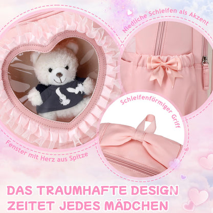 Schulrucksack Mädchen Herzdesign 22L mit Gepäckgurt für Schule | Spitze & Schleifendetails, Ergonomische 3D-Rückenpolsterung, wasserabweisendes Polyester, zahlreiche getrennte Fächer