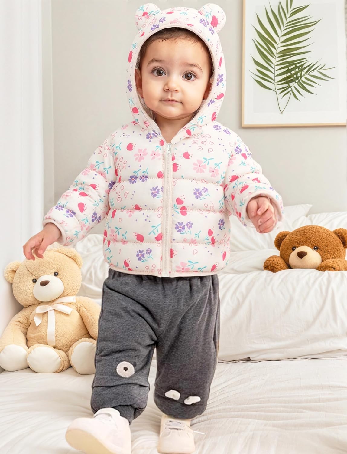 Happy Cherry Winter Jacket Baby Boys Girls Winter Coat with Hood Quilted Jacket Warm Lightweight Down Jacket Winter Cute Printed Outerwear 