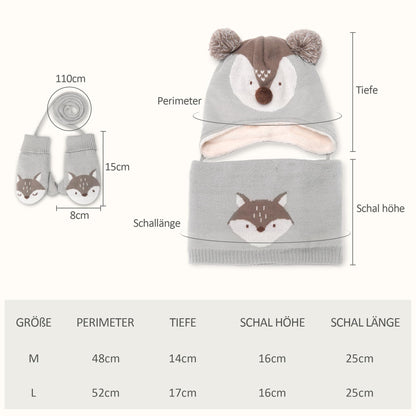 DORRISO Unisex-Baby Jungen Mädchen Mütze Schal Handschuh Set Niedlich Frühling Winter Herbst Beanie Strickmütze Warm Niedlich Klein Fuchs Wintermütze 1-6 Jahre alt