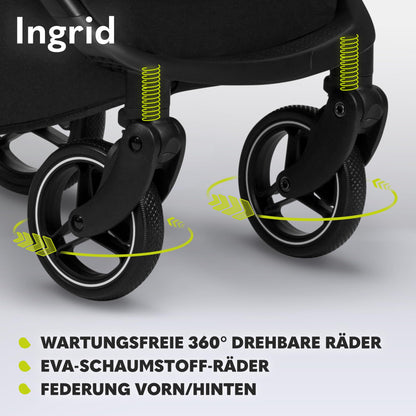 LIONELO INGRID Kinderwagen bis 22 kg von 6 Monaten bis 4 Jahren Große 360° schwenkbare Räder Volle Federung Einhändig zusammenklappbar Verstellbare Rückenlehne und Fußstütze Großes XXL-Verdeck