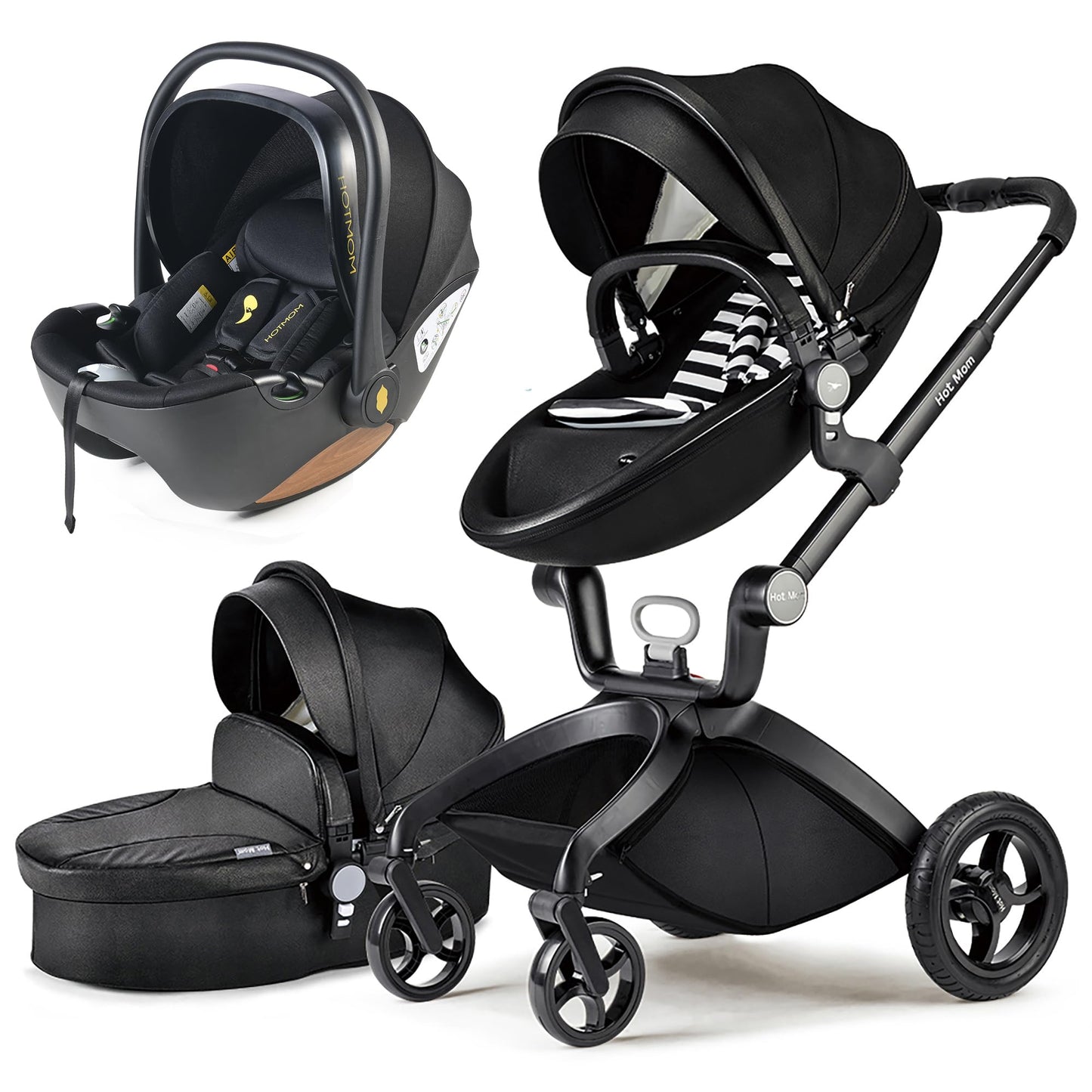 Hot Mom Kinderwagen 3in1 Set Klassik Kombikinderwagen, Modell F22 mit Alu-Rahmen/Vollgummireifen (Schwarz)