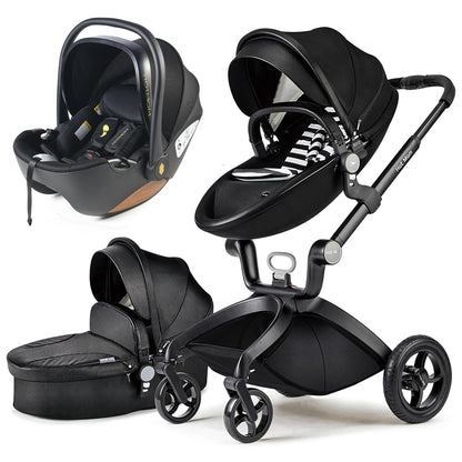 Hot Mom Kinderwagen 3in1 Set Klassik Kombikinderwagen, Modell F22 mit Alu-Rahmen/Vollgummireifen (Schwarz)