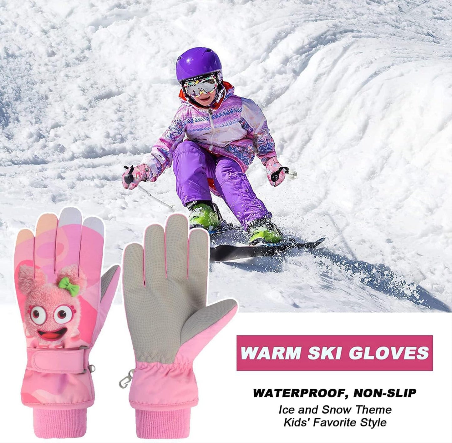 HNGEMSY Children's Winter Snow Gloves Ski Gloves for 2-13 Years Girls Boys PU Palm Waterproof Windproof Warm Fleece Winter Gloves