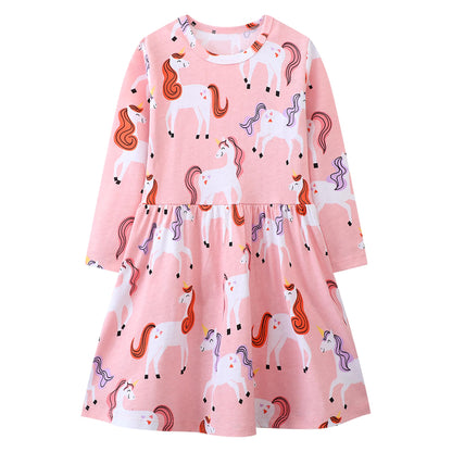 JinBei Mädchen Kleid Baumwolle Rundhals Rüschen Ärmellos Lässige Einhorn Cartoon-Applikationen Blau/Weiße Gestreift Kleidung Kinder Sommer Party Festliches Prinzessin A-Linie Kleider Gr. 98-128