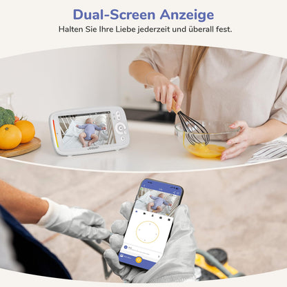 2K WLAN Video-Babyphone mit Kamera, 5" IPS-Display, 330° PTZ | HDR-Nachtsicht, 2-Wege-Audio, VOX, Temperatur, Weinen/Bewegungserkennung, Bereich alarme, Große Reichweite Video Babyphone