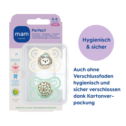 MAM Perfect Day & Night Schnuller | 0-6 Monate | Babyschnuller für Neugeborene | 94% Akzeptanz | beugt Zahnfehlstellungen vor | mit Zahnmedizinern entwickelt| SkinSoft Silikon |Igel/Schaf | 4 Stück