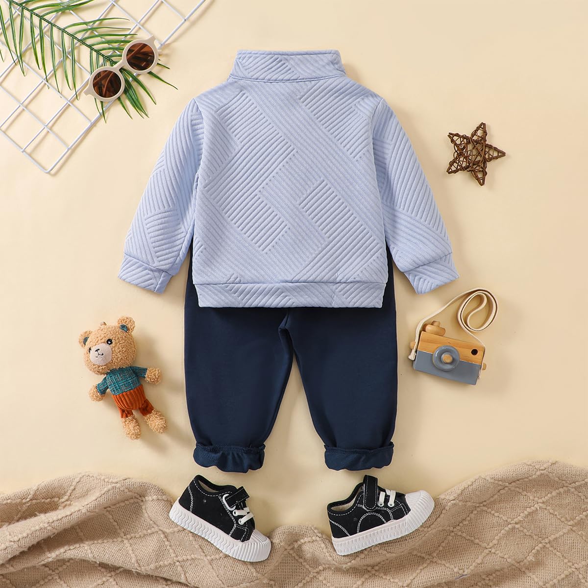 Kleinkind Baby Jungen Kleidung Outfits Langarm Turn-Down Kragen Plain / Checked Sweatshirt und Hose 2 Stück Herbst Winter Trainingsanzug Set