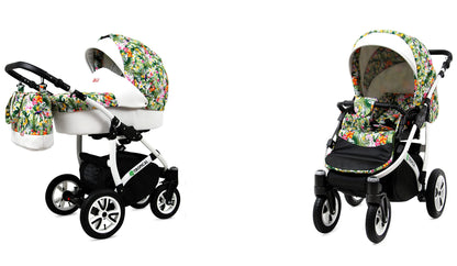BabyLux® Bambimo Pushchair Set 3 in 1 - Tropical - incl. Baby Carrycot, Buggy Sports Seat, Car Seat - Pram Set - Combination Pram with Changing Bag, Rain Cover etc.