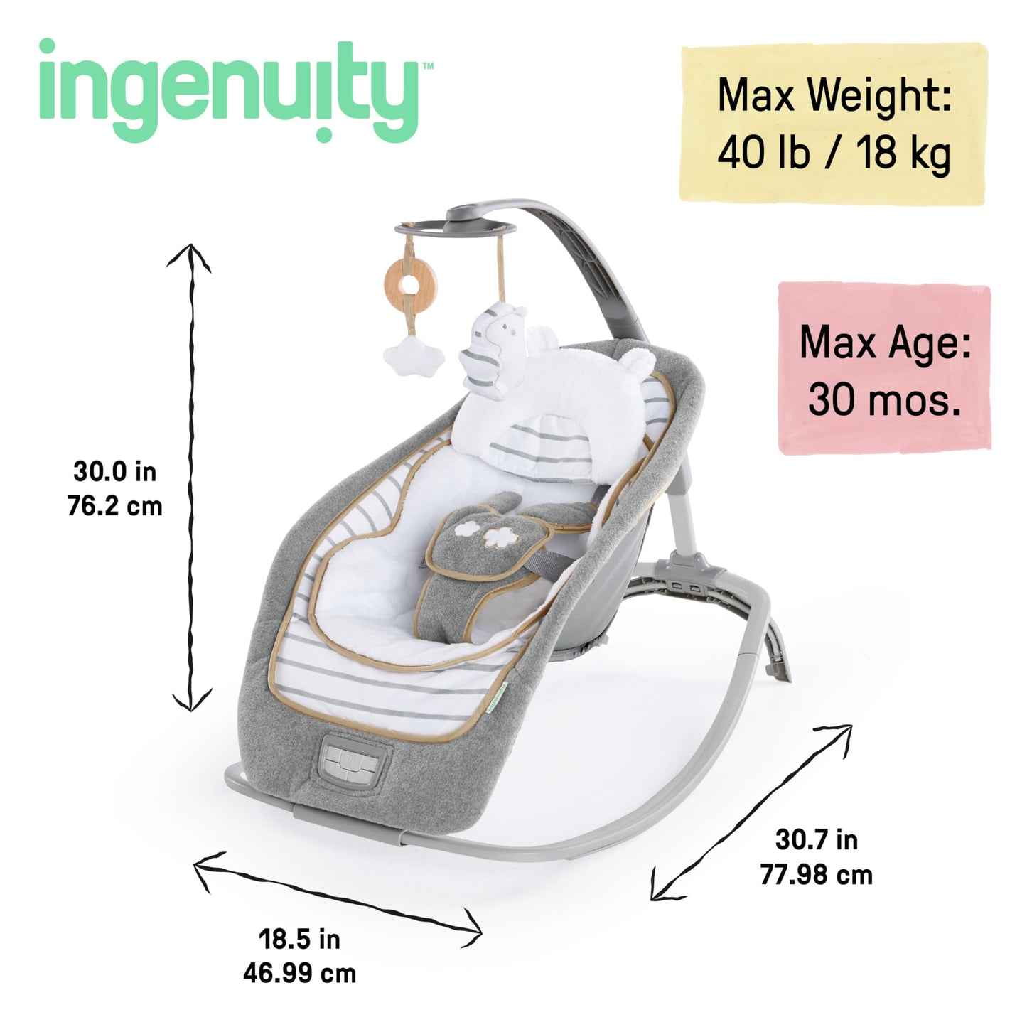 Ingenuity, Cuddle Lamb Babywippe Babyschaukel mit Schaukelfunktion und Vibrationen, Spielbogen mit 2 Plüsch Spielzeug, Musik, 4 Naturgeräuschen und Lautstärkeregler, ab Geburt bis 18 kg