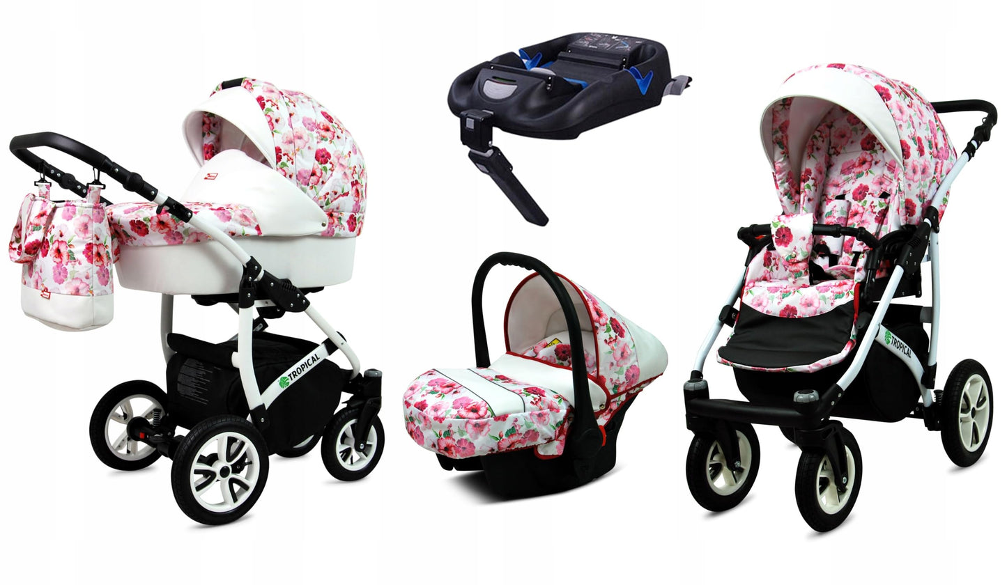 BabyLux® Bambimo Pushchair Set 3 in 1 - Tropical - incl. Baby Carrycot, Buggy Sports Seat, Car Seat - Pram Set - Combination Pram with Changing Bag, Rain Cover etc.