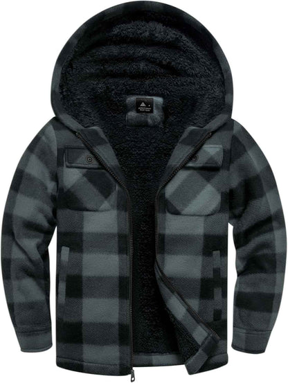 zitysport Shirt Jacket Boys Thick Hoodie Checked Jacket Children with Zip Warm Flannel Jacket Boys Sweat Jacket Outdoor Fleece Jacket Winter Jackets for Boys with Chest Pocket
