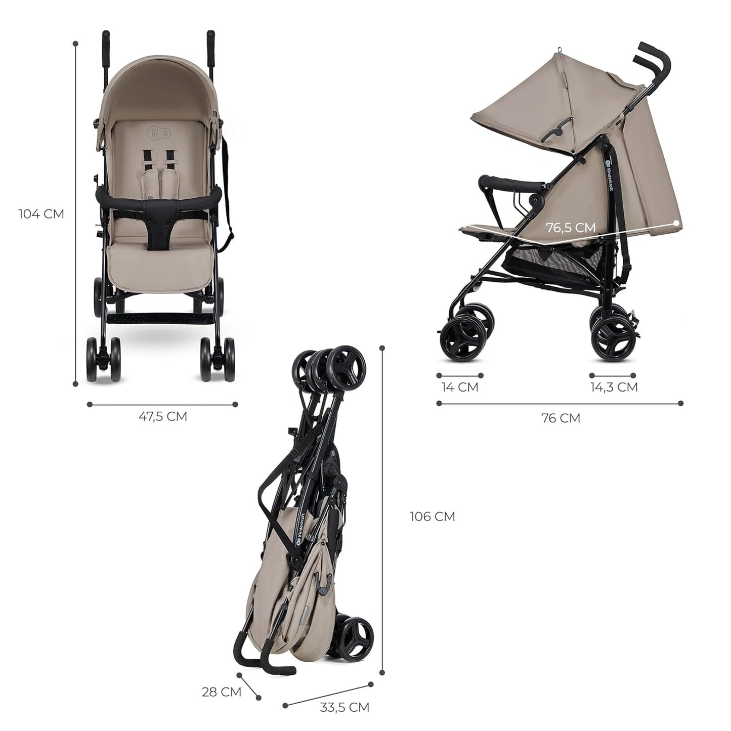 Kinderkraft TIK Kinderwagen, Liegebuggy, Sportwagen, Leicht - 6,5kg, Drehbare Vorderräder, Verstellbarer Griff, Stufenlose Einstellung der Rückenlehne, Schnelles Zusammenklappen, bis zu 17kg, Beige
