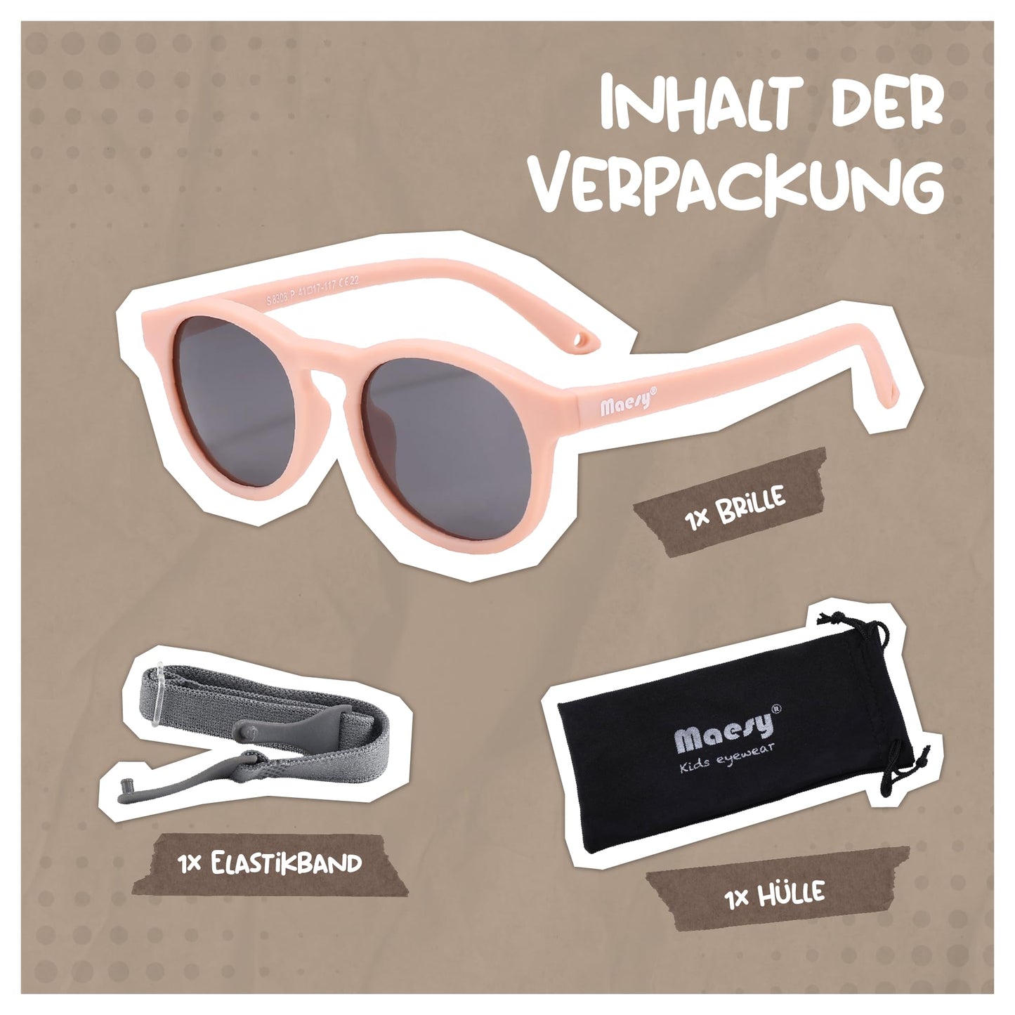 Maesy Kinder Sonnenbrille für Kleinkind und Baby - 1-3 Jahre - UV400 Polarisierter Schutz - Flexibler und Biegsamer Rahmen - Verstellbares Gummiband - Sichere und Bequeme Kindersonnenbrille - Bowi