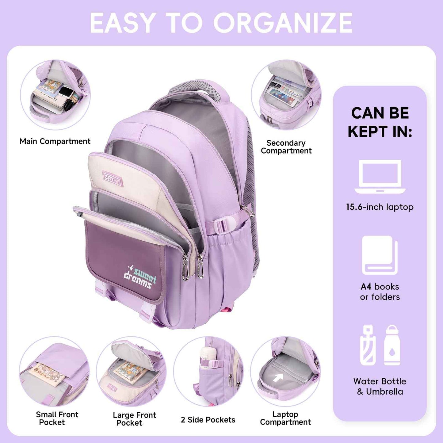 School Backpack Teenager - 36L School Bag for Girls from 5th Grade, Large Backpack for Middle and High School, Casual Children's Backpack with Cute Pendant and Trolley Strap, black, Rucksack