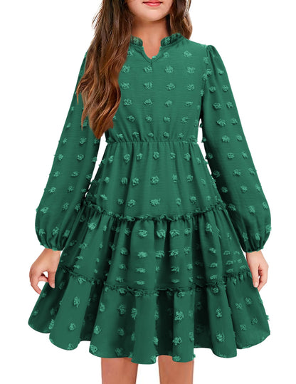 Arshiner Dress Girls Festive Flounce V-Neck Long Sleeve Dress Swiss Dot Chiffon Dress Children Tiered Dress A-Line Party Dress Wedding Princess Dress Swing Skater Dress 5-12 Years 