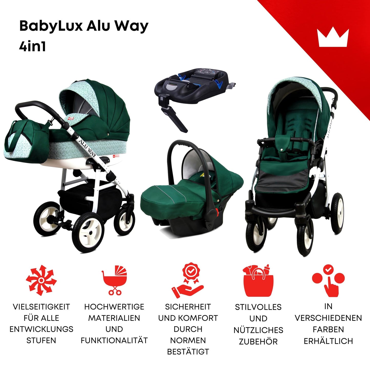 BabyLux® Kinderwagen Set 4 in 1 - Alu Way - incl. Babywanne, Buggy Sportsitz, Auto-Babyschale, ISOFIX-Basisstation - Autositz - Kinderwagenset - Kombikinderwagen mit Wickeltasche usw.