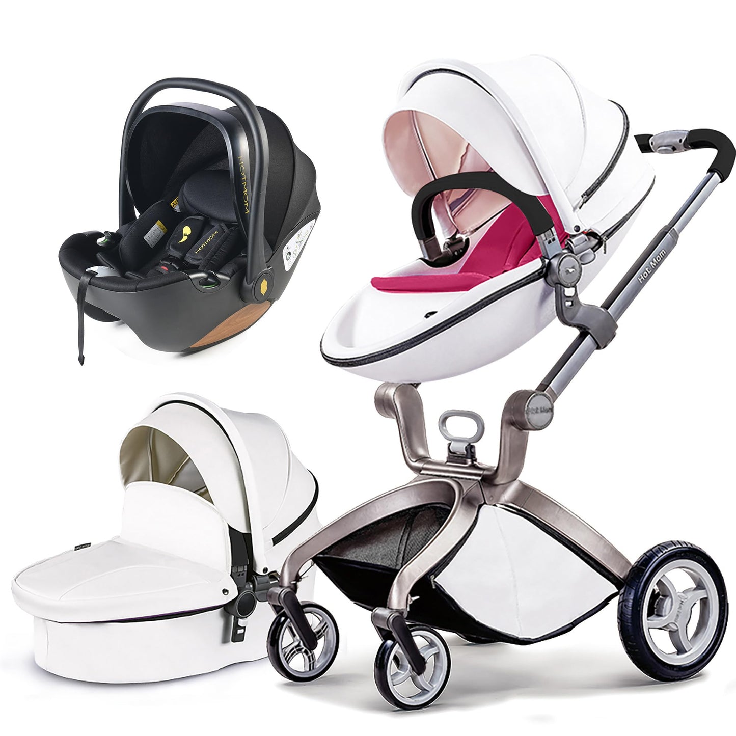 Hot Mom Kinderwagen 3in1 Set Klassik Kombikinderwagen, Modell F22 mit Alu-Rahmen/Vollgummireifen (Schwarz)