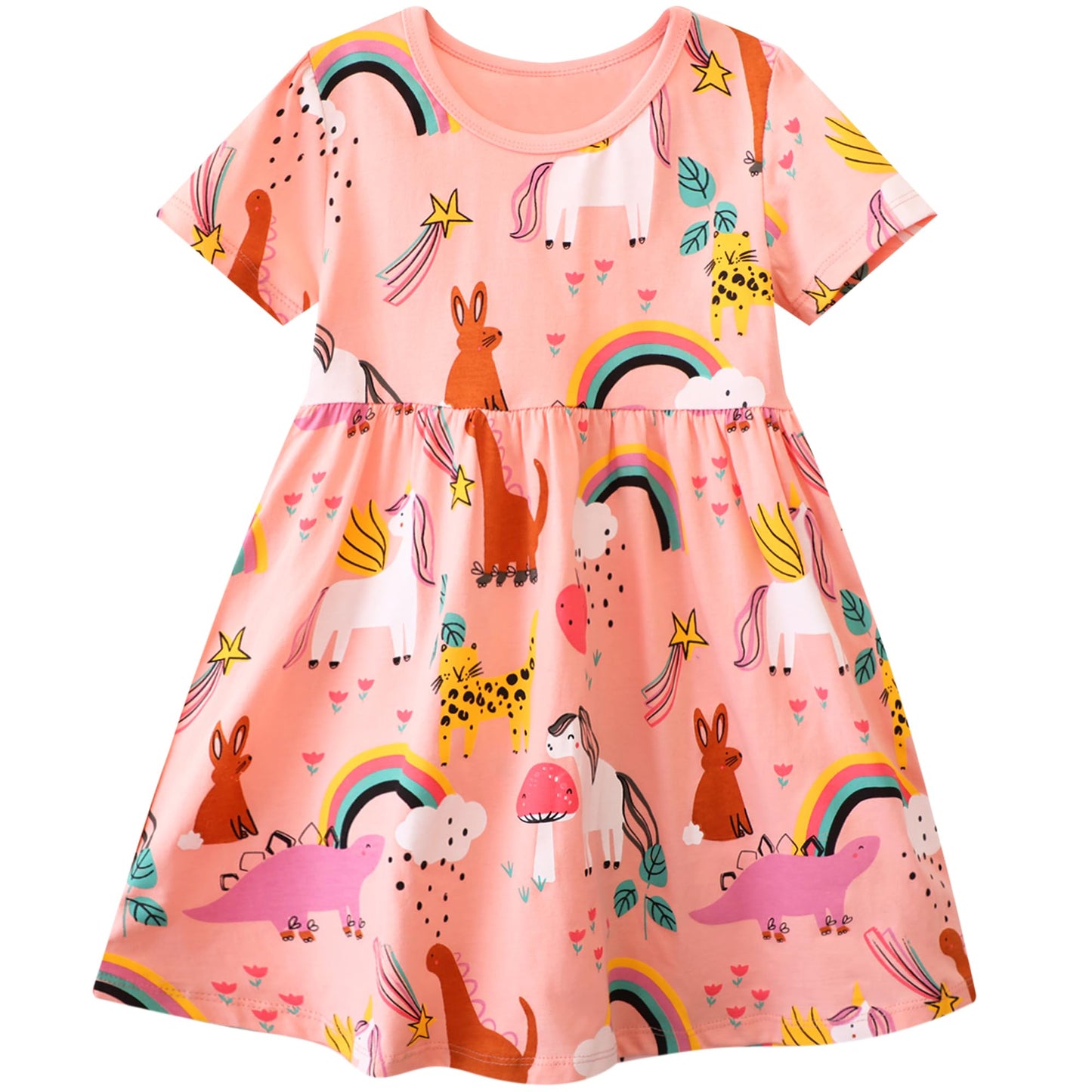 FILOWA Kleider für Mädchen Kinder Einhorn Blumen Stickerei Herz Druck Tier Sommerkleid Cartoon Kinderkleider Embroider Baumwolle Mädchenkleid Lange/Ärmellos Lässige Geburtstag Kinderkleidung,Gr.92-128