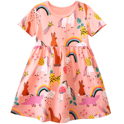 FILOWA Kleider für Mädchen Kinder Einhorn Blumen Stickerei Herz Druck Tier Sommerkleid Cartoon Kinderkleider Embroider Baumwolle Mädchenkleid Lange/Ärmellos Lässige Geburtstag Kinderkleidung,Gr.92-128