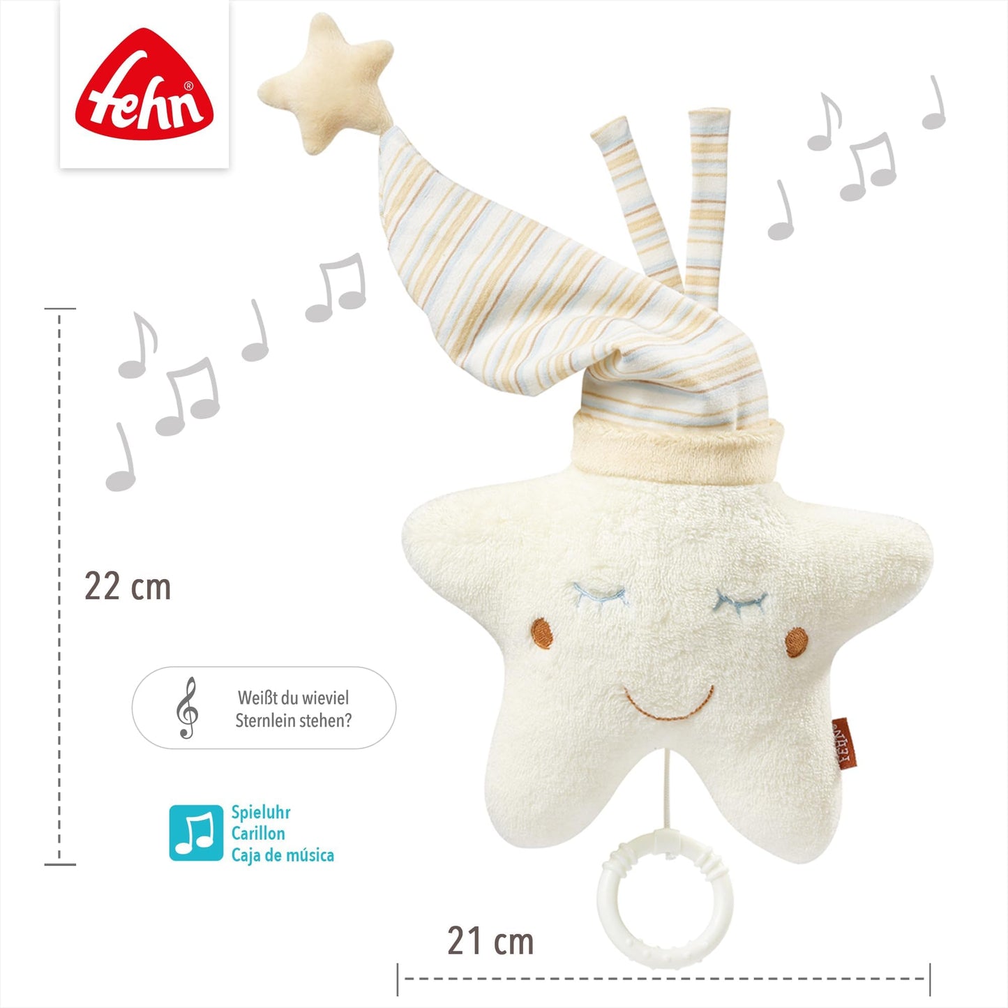 Fehn 154566 Music clock star - catch-up music box with removable playground for hanging on bed, stroller or baby bowl, for babies and toddlers from 0+ months, star, babylove, about 20cm