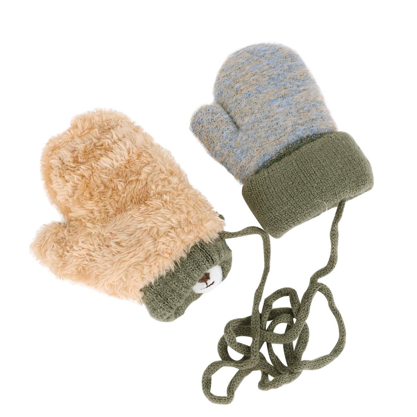 Kids Winter Gloves Mittens Baby Cartoon Mitten Neck Gloves Thick Double Knitted Glove with Plush,0 - 3 years old, Playing, Running, Skiing