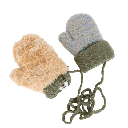 Kids Winter Gloves Mittens Baby Cartoon Mitten Neck Gloves Thick Double Knitted Glove with Plush,0 - 3 years old, Playing, Running, Skiing