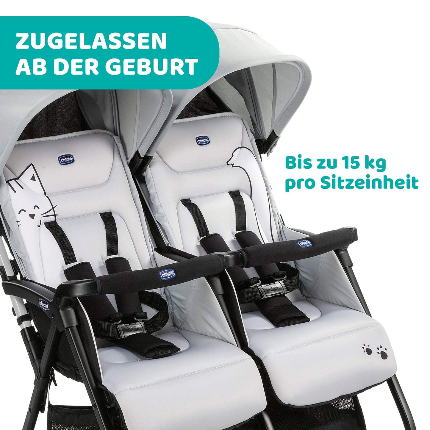 Chicco OHlalà Twin Twin Pushchair from Birth to 15 kg, Pram for Twins and Siblings, Adjustable Foldable Twin Buggy, Rain Cover and Extendable Hood