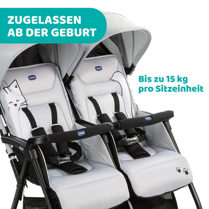 Chicco OHlalà Twin Twin Pushchair from Birth to 15 kg, Pram for Twins and Siblings, Adjustable Foldable Twin Buggy, Rain Cover and Extendable Hood
