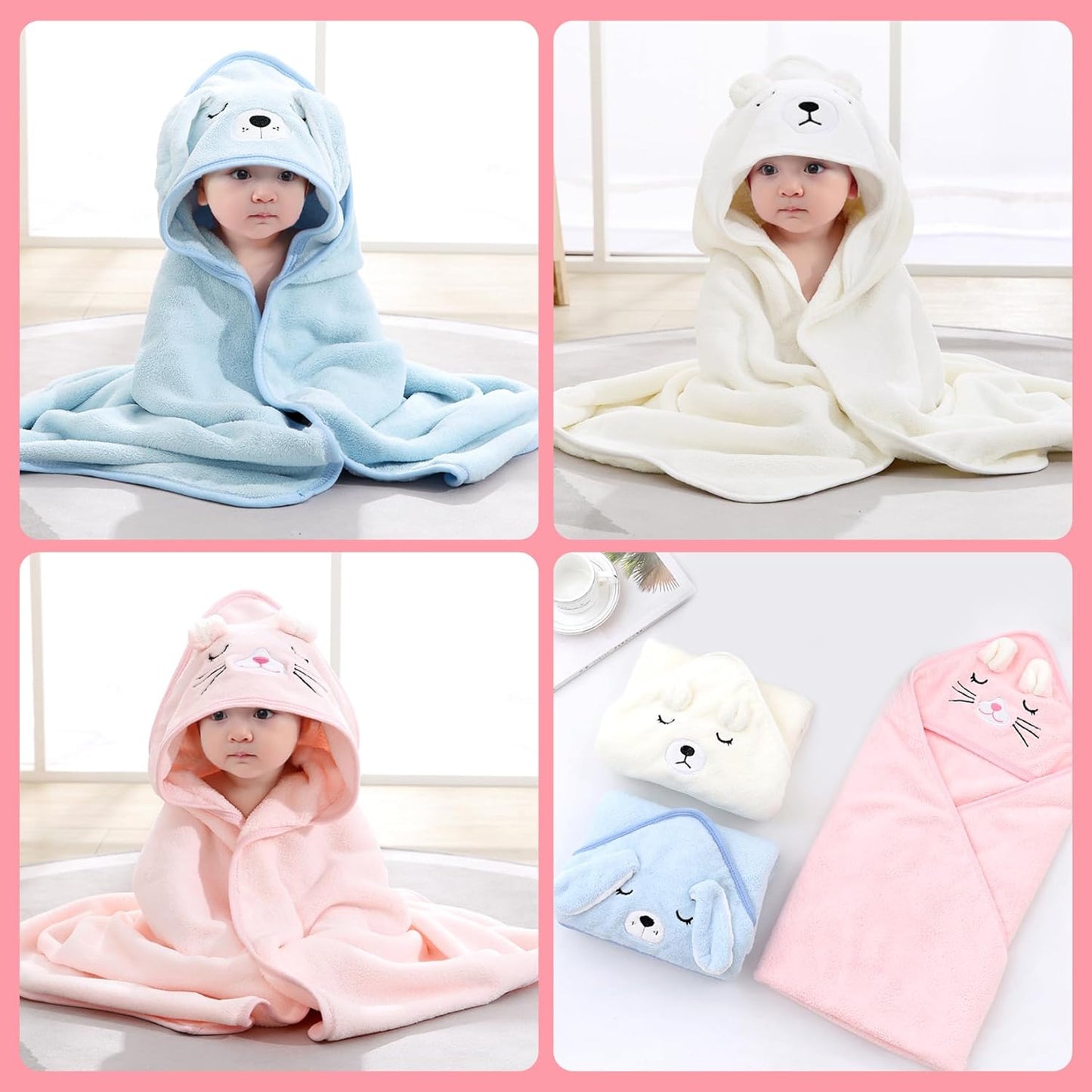 Mailfull 3 Pack Baby Towel with Hood 80 x 80 cm Baby Bath Towel Hooded Towel Baby Cute Hooded Towels with Pattern for Babies Newborns Unisex 0-6 Years 